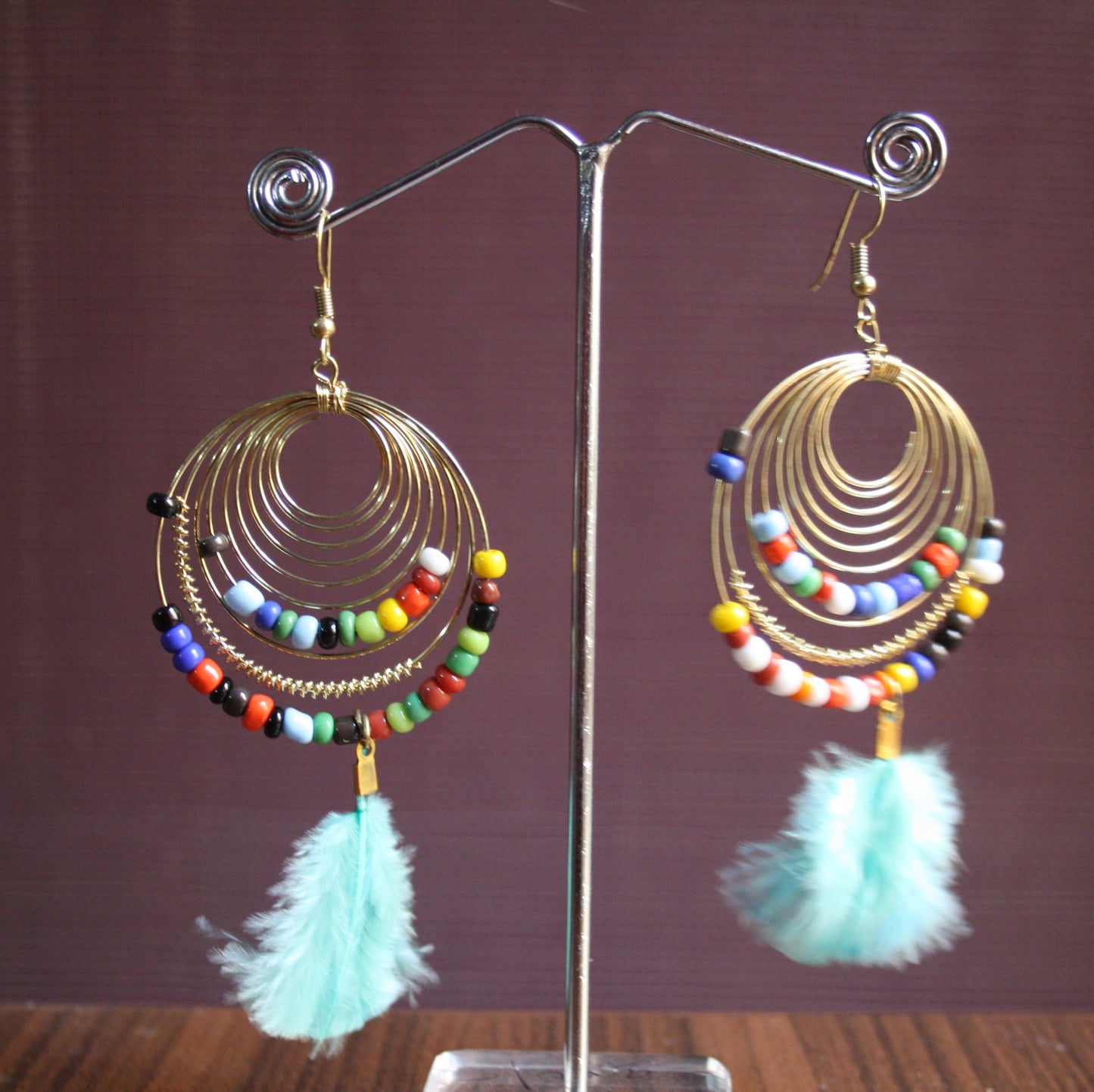 Stylish Feather Tassel Dangler Earrings with Multicolored Beads - GlitterGleam