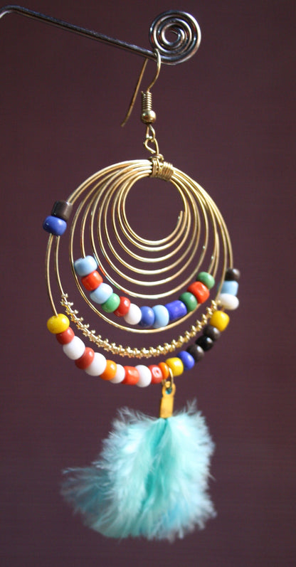 Stylish Feather Tassel Dangler Earrings with Multicolored Beads - GlitterGleam