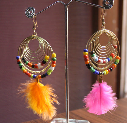 Stylish Feather Tassel Dangler Earrings with Multicolored Beads - GlitterGleam