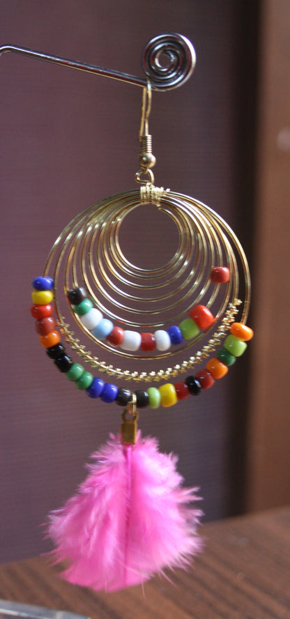 Stylish Feather Tassel Dangler Earrings with Multicolored Beads - GlitterGleam