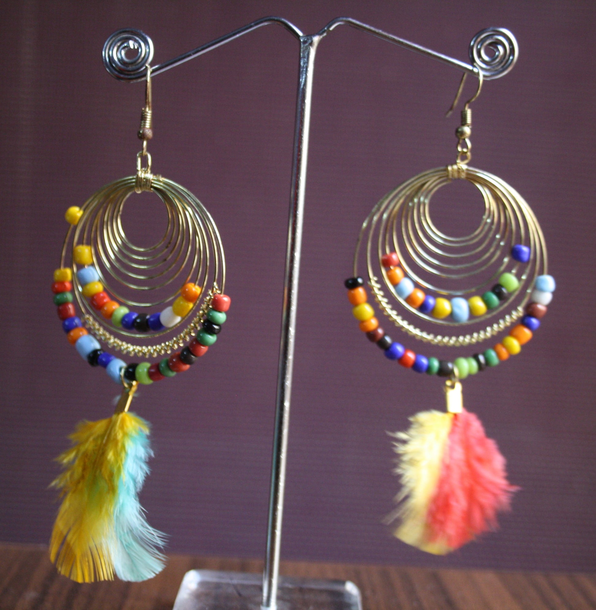 Stylish Feather Tassel Dangler Earrings with Multicolored Beads - GlitterGleam