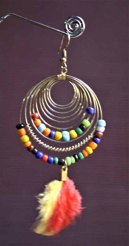 Stylish Feather Tassel Dangler Earrings with Multicolored Beads - GlitterGleam