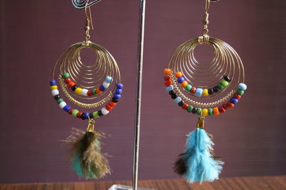 Stylish Feather Tassel Dangler Earrings with Multicolored Beads - GlitterGleam