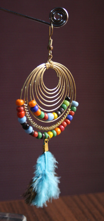 Stylish Feather Tassel Dangler Earrings with Multicolored Beads - GlitterGleam