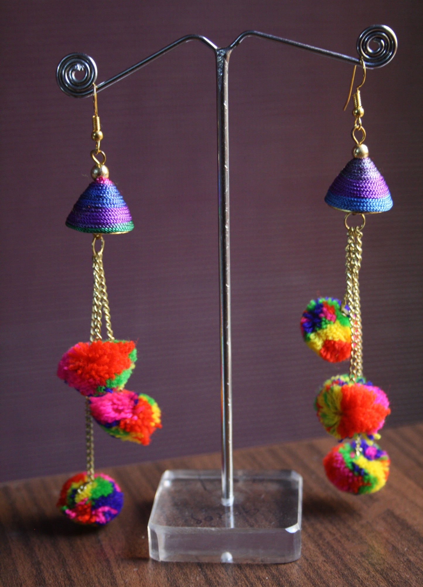 Multicolored Layered Tassel Pom-Pom Earrings - GlitterGleam