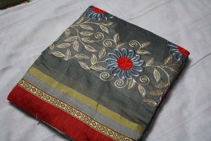 Designer Chanderi Cotton Embroidery Saree with Red Border - GlitterGleam