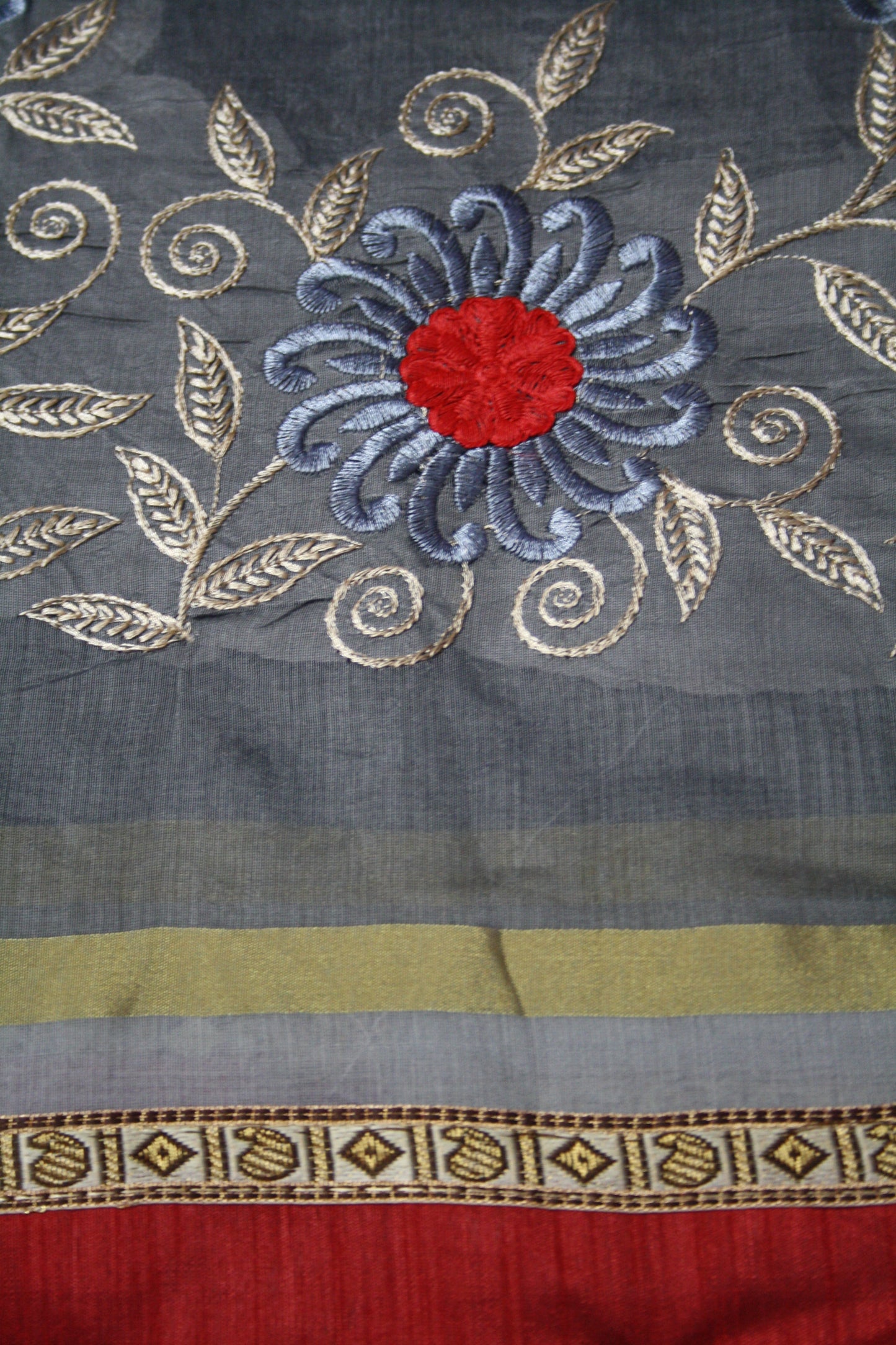 Designer Chanderi Cotton Embroidery Saree with Red Border - GlitterGleam