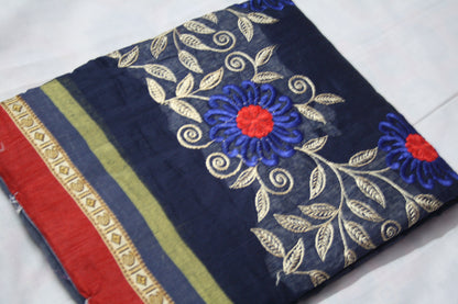 Designer Chanderi Cotton Embroidery Saree with Red Border - GlitterGleam
