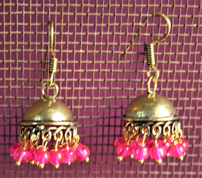 Golden Oxidized Jhumkis with Colored Beads - GlitterGleam