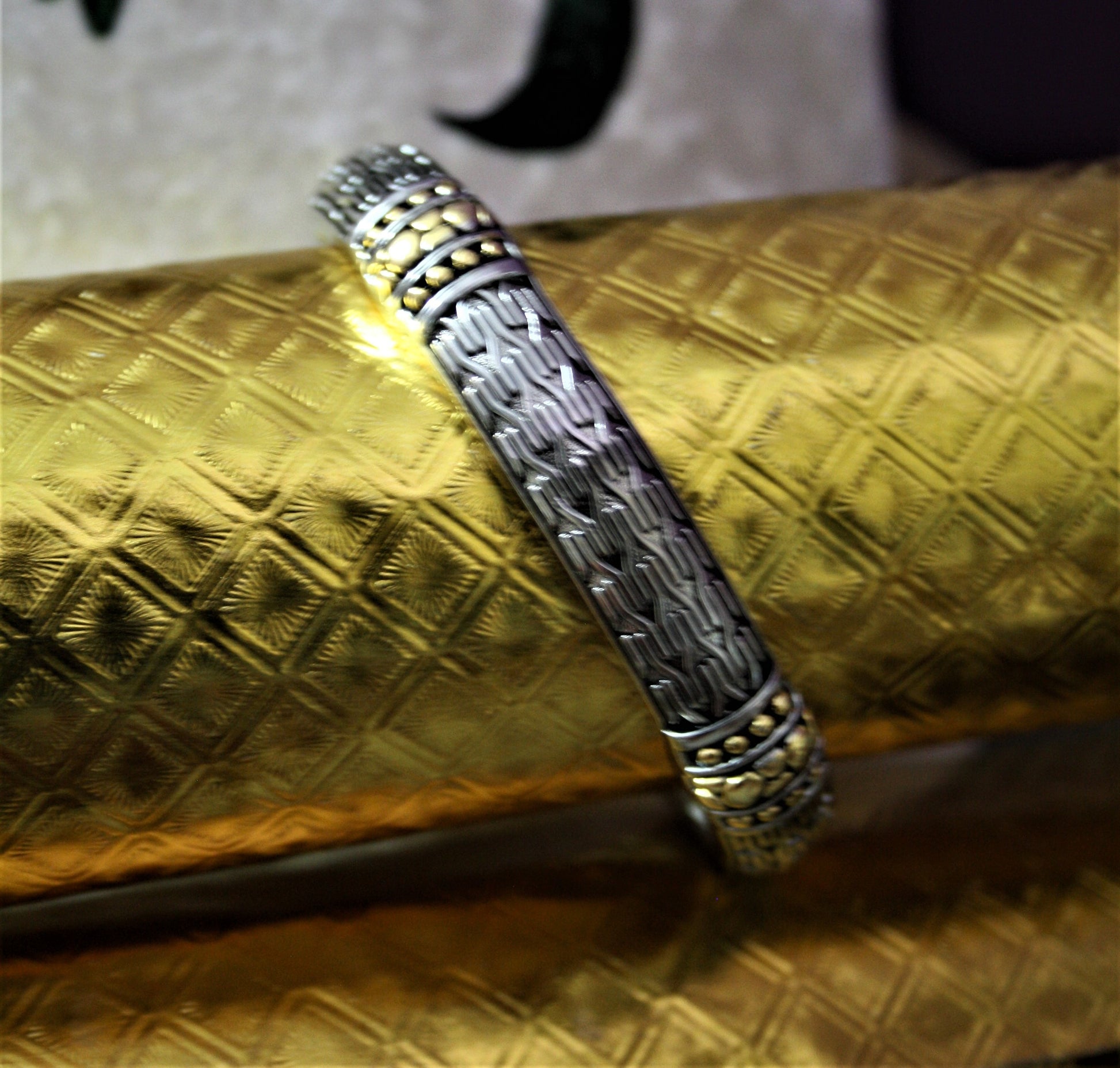 High Quality Hand Crafted Golden Sterling Silver Carved Kada/Bangle - GlitterGleam