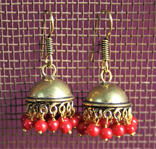 Golden Oxidized Jhumkis with Colored Beads - GlitterGleam