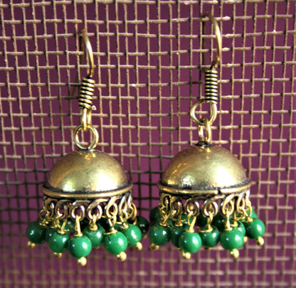 Golden Oxidized Jhumkis with Colored Beads - GlitterGleam