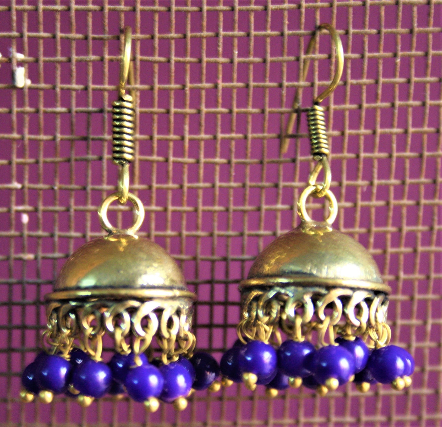 Golden Oxidized Jhumkis with Colored Beads - GlitterGleam