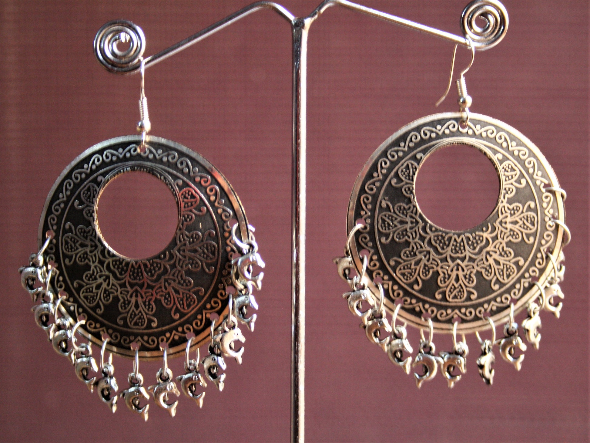 Carved Moon Cut Danglers with Dolphin Beads - GlitterGleam