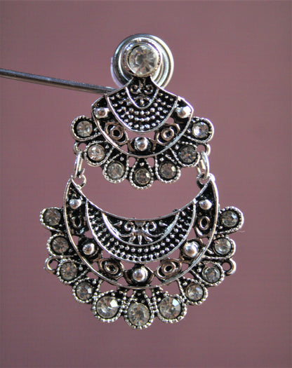 Short Layered Golden and Silver Oxidized Chandbali with Diamonds - GlitterGleam
