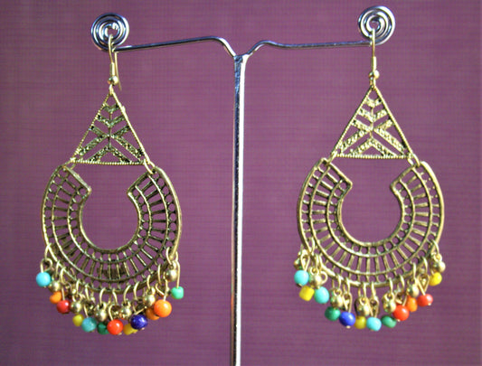 Metallic Gold Hook Earrings with Multicolored Beads - GlitterGleam