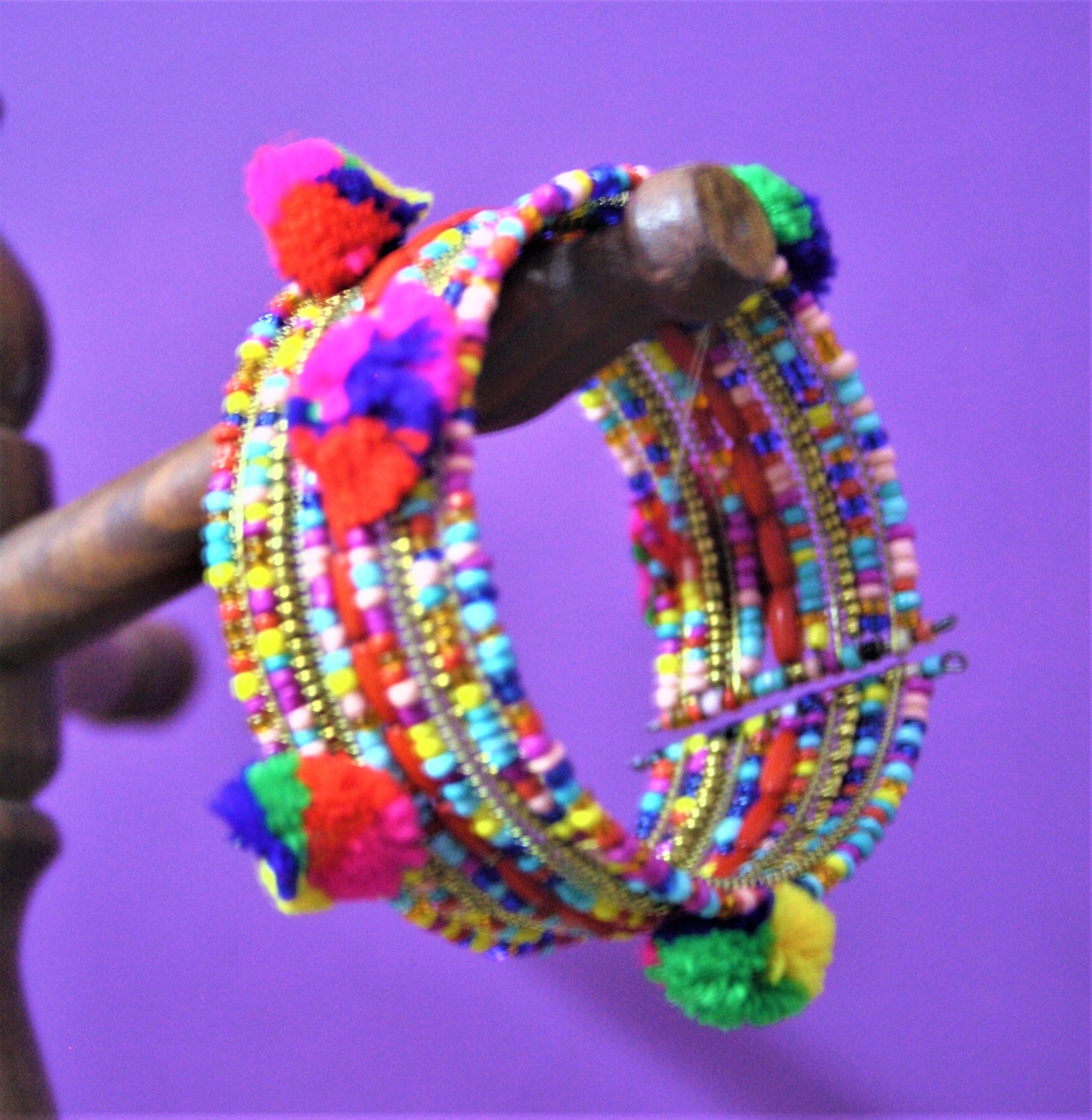 Multicolored Pom Pom Beaded Cuff Bracelet - GlitterGleam
