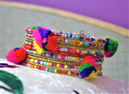 Multicolored Pom Pom Beaded Cuff Bracelet - GlitterGleam