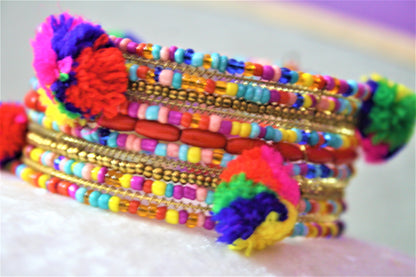 Multicolored Pom Pom Beaded Cuff Bracelet - GlitterGleam