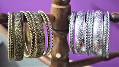 Silver and Golden Oxidized Kada and Bangles Set - GlitterGleam