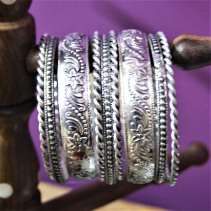 Silver and Golden Oxidized Kada and Bangles Set - GlitterGleam