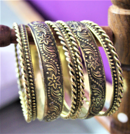 Silver and Golden Oxidized Kada and Bangles Set - GlitterGleam