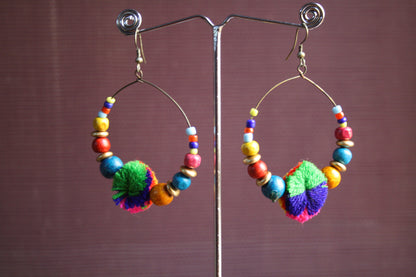Funky Multicolored Wooden Bead Pom-Pom Ring Danglers - GlitterGleam