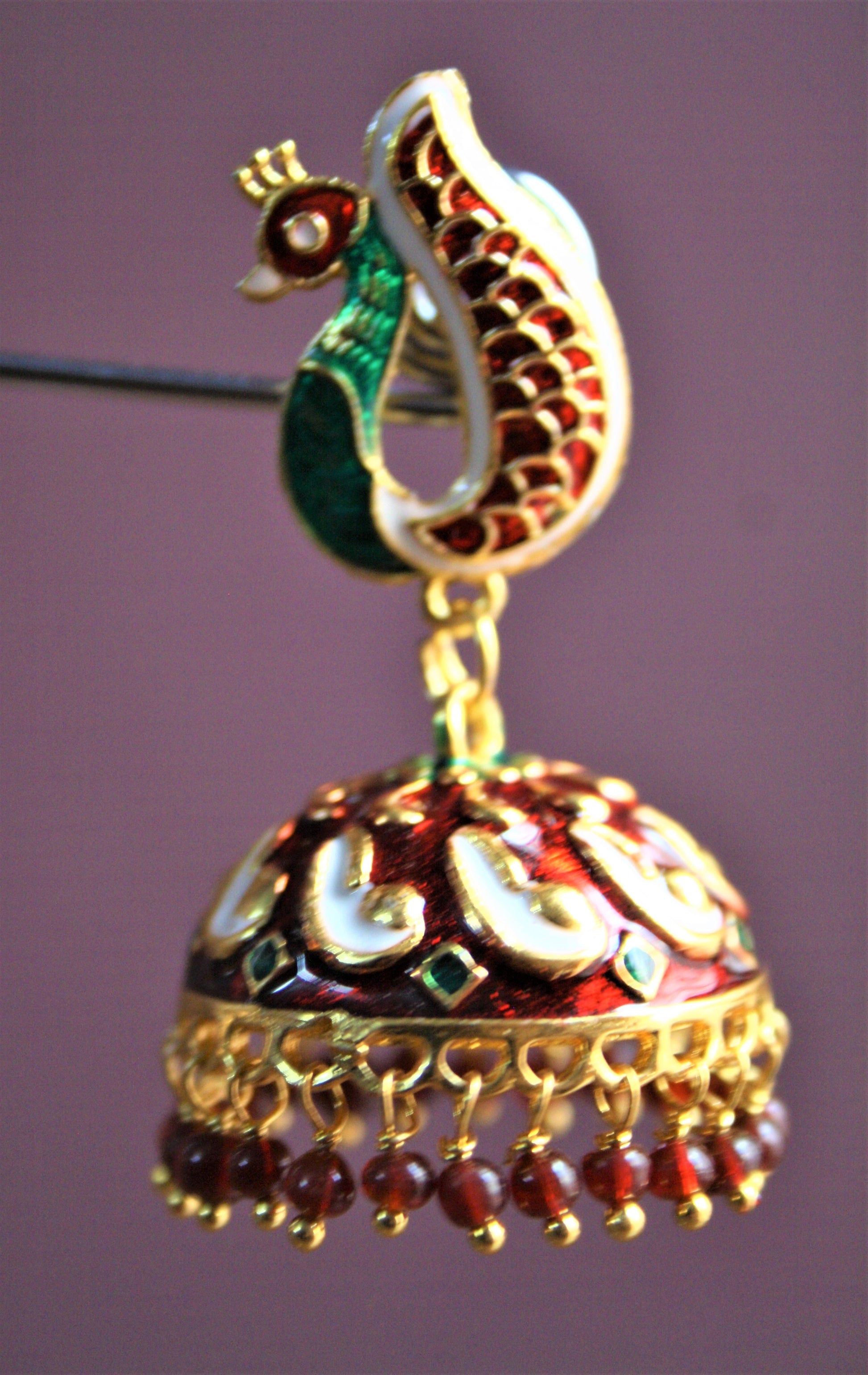 Golden Meenakari Peacock Jhumki - GlitterGleam