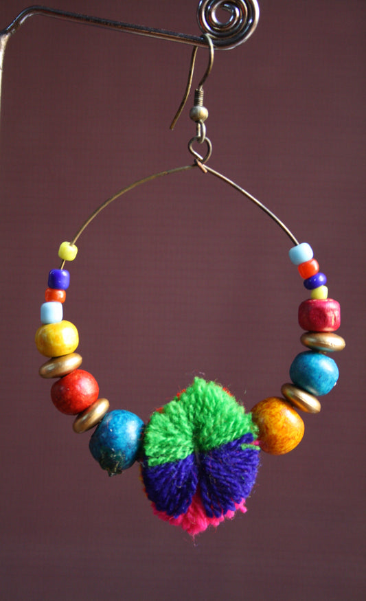 Funky Multicolored Wooden Bead Pom-Pom Ring Danglers - GlitterGleam