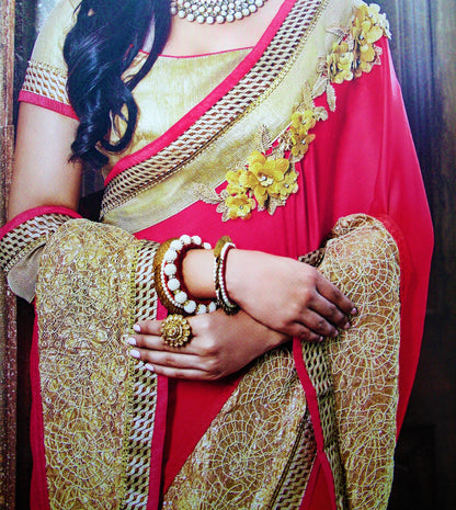 Designer Pink Glossy Chiffon Saree with Heavy Border & Shoulder Design - GlitterGleam