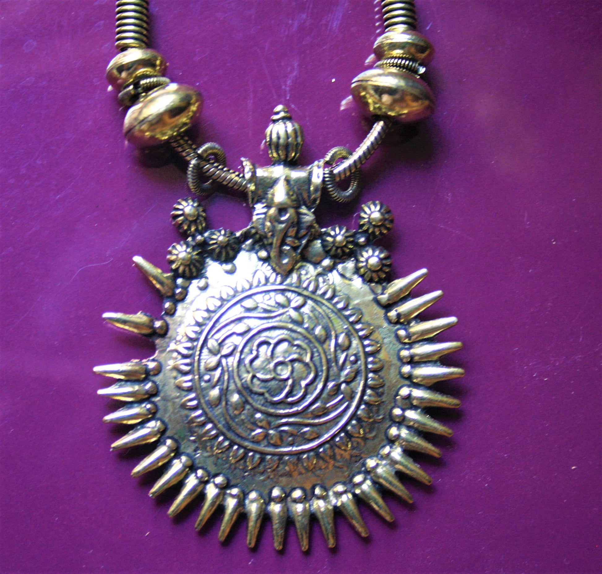 Golden and Silver Oxidized Ganesha Sundial Pendant Necklace - GlitterGleam