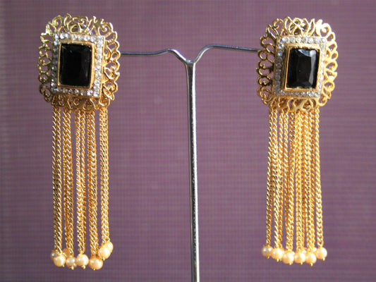 Golden Black Gem Tassel Drop Earring - GlitterGleam