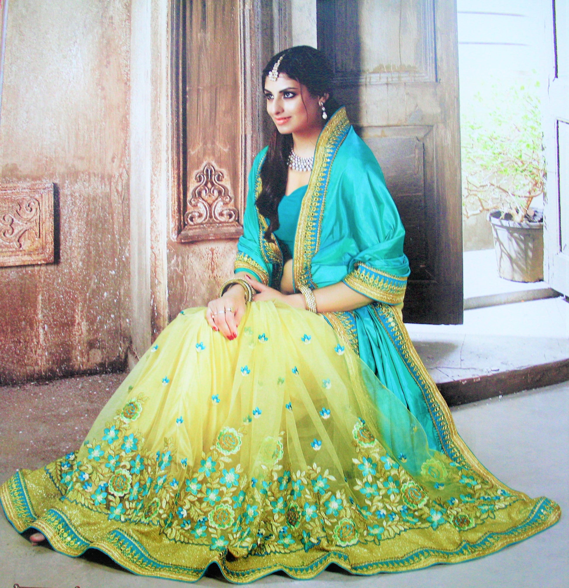 Green Yellow Dual Shade Silk and Net Half Half Designer Saree - GlitterGleam