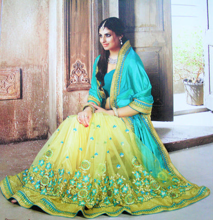 Green Yellow Dual Shade Silk and Net Half Half Designer Saree - GlitterGleam
