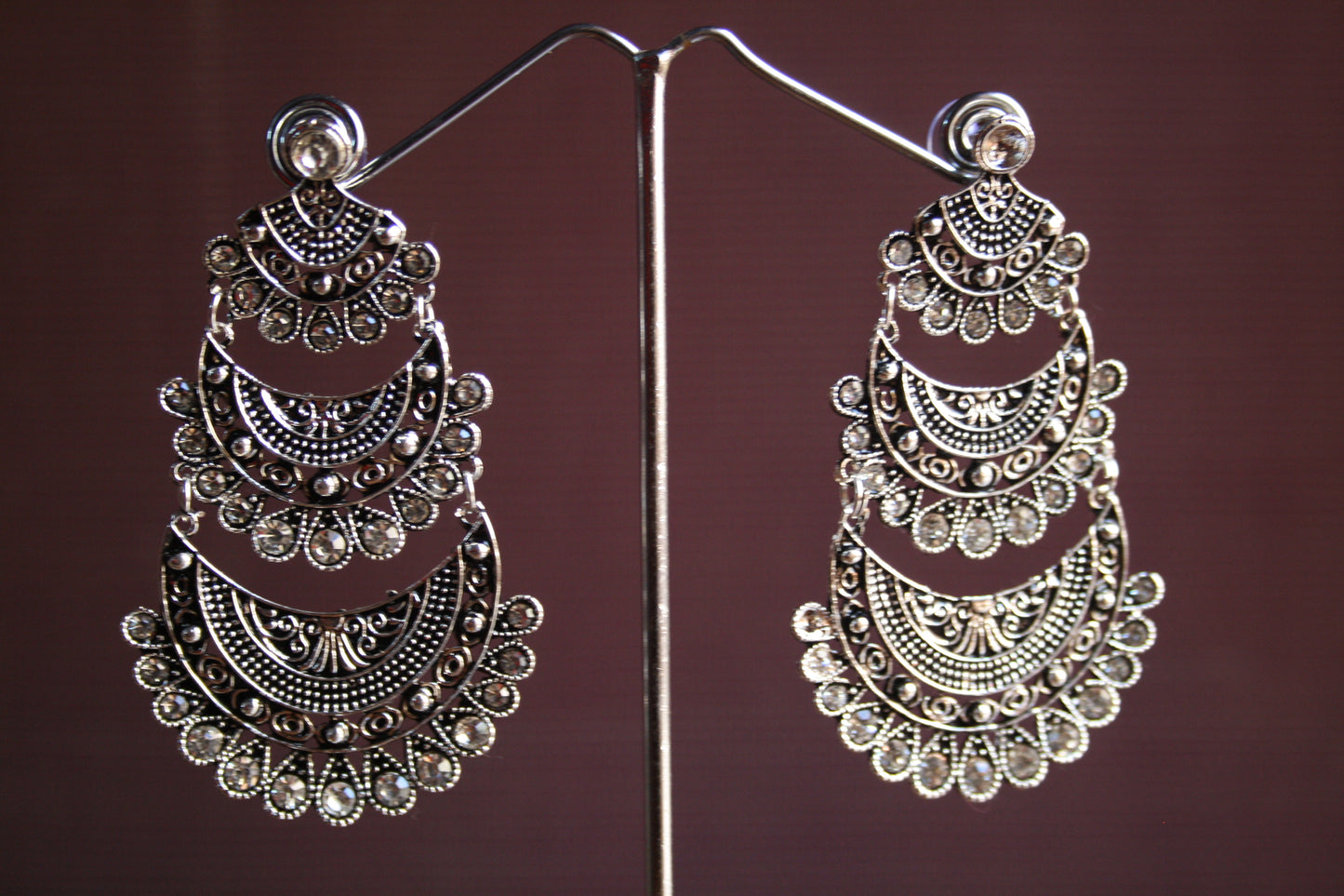 Designer Silver Oxidized Multilayered Diamond Earrings - GlitterGleam