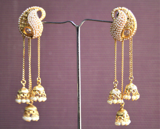 Traditional Pearl and Gem Multiple Jhumki Tassel Earring - GlitterGleam