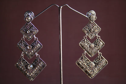 Designer Silver Oxidized Multilayered Diamond Earrings - GlitterGleam