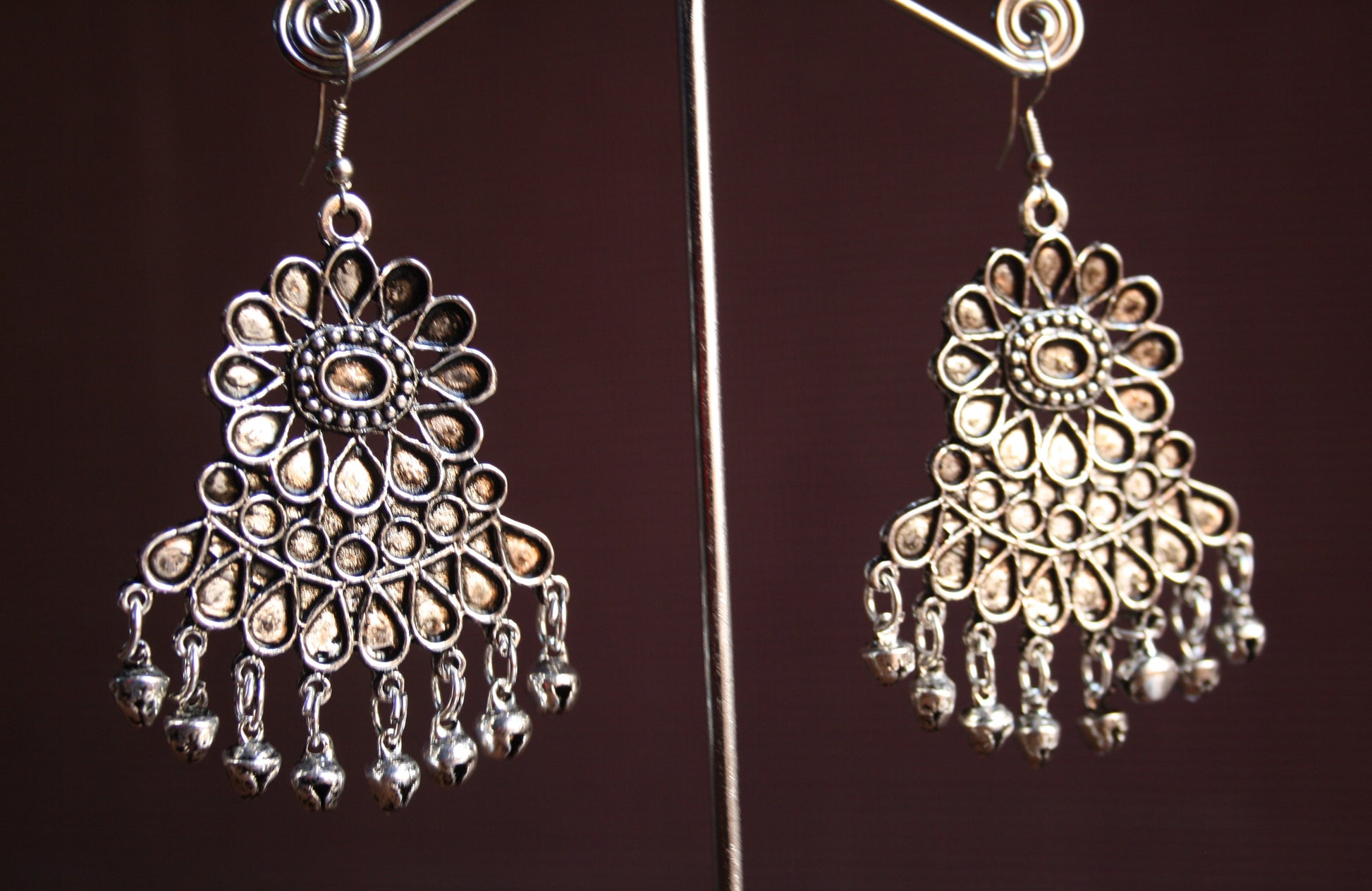 SiIver Oxidized Afghani Style Carved Danglers with Ghungroo - GlitterGleam