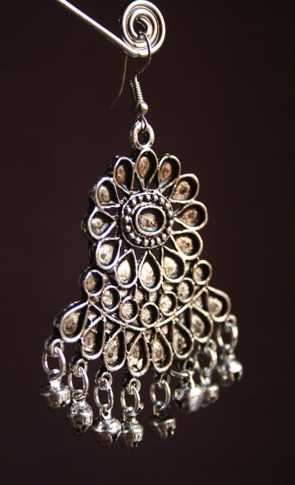 SiIver Oxidized Afghani Style Carved Danglers with Ghungroo - GlitterGleam