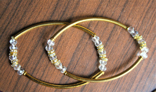 Golden White Crystal and Diamond Anklet with Golden Beads - GlitterGleam