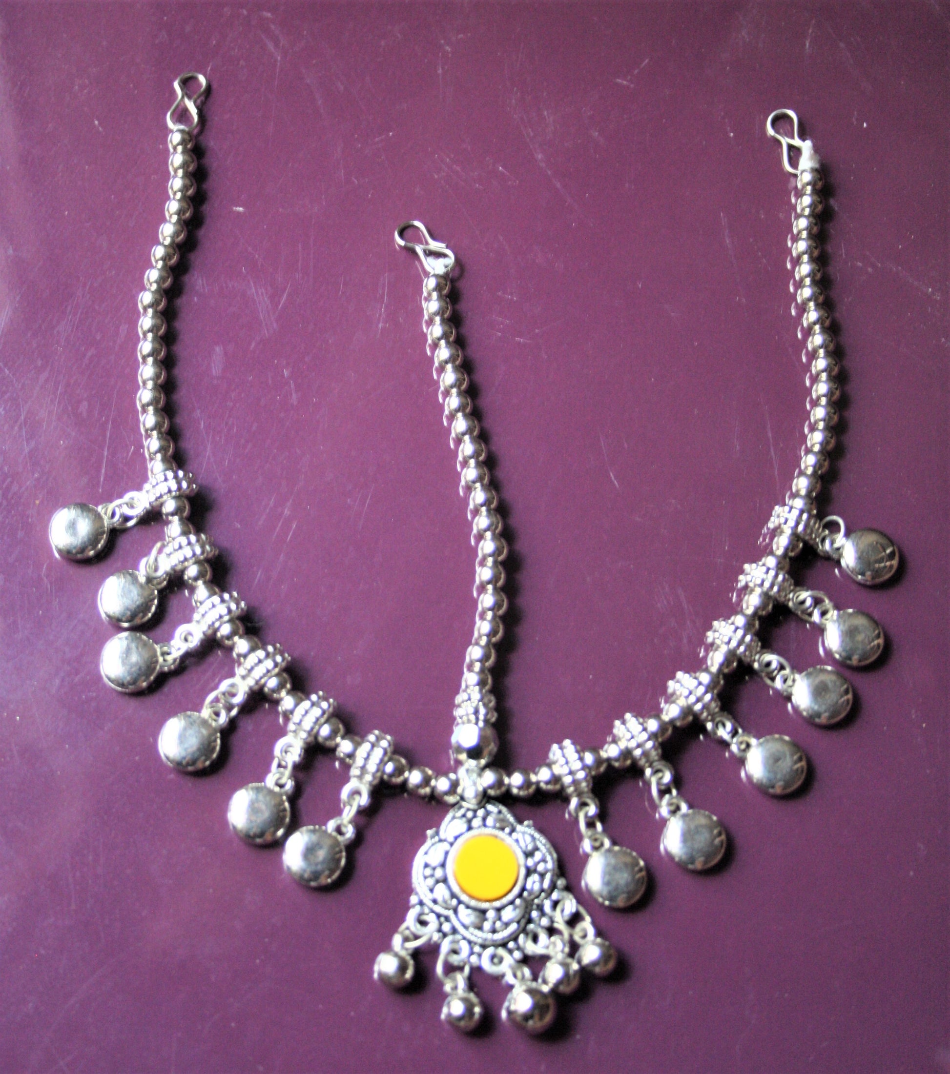 Silver Oxidized Yellow Matha Patti with Long Beads - GlitterGleam