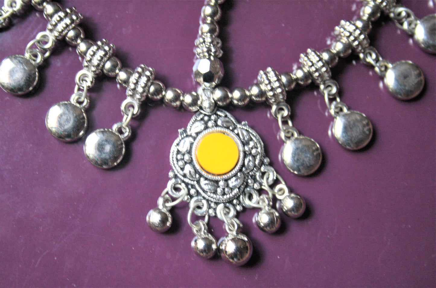 Silver Oxidized Yellow Matha Patti with Long Beads - GlitterGleam
