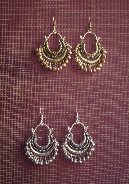 Gold & Silver Oxidized Beaded Carved Chaandbalis - GlitterGleam