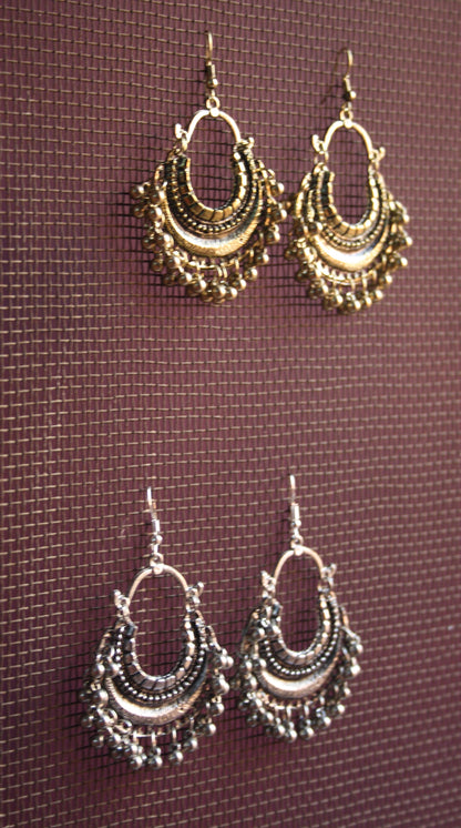 Gold & Silver Oxidized Beaded Carved Chaandbalis - GlitterGleam
