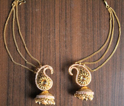 Gold and Pearl Jhumki with Back Chain Hook - GlitterGleam