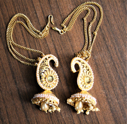 Gold and Pearl Jhumki with Back Chain Hook - GlitterGleam