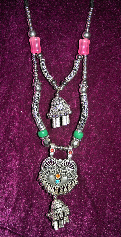 Silver Oxidised Double Layer Jhumki Pendant Necklace with Earrings - GlitterGleam