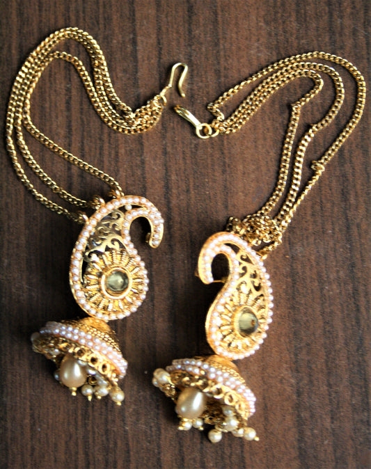 Gold and Pearl Jhumki with Back Chain Hook - GlitterGleam