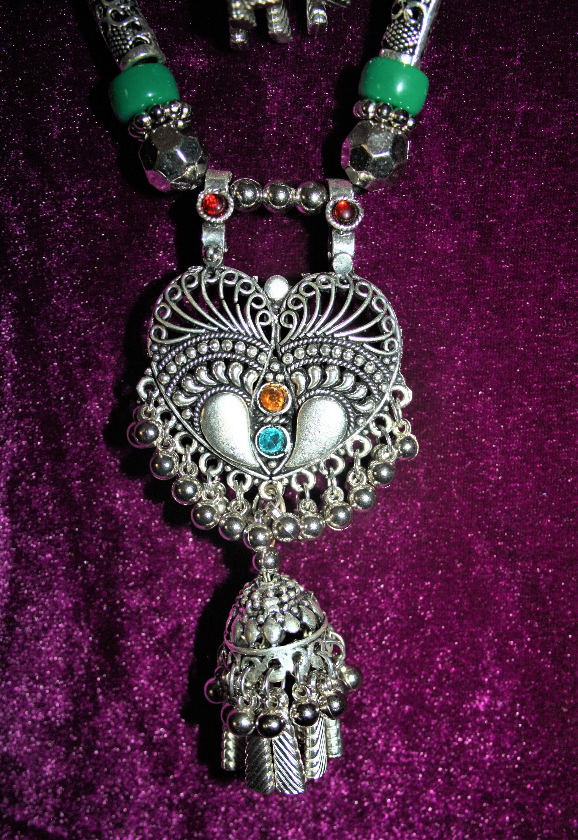 Silver Oxidised Double Layer Jhumki Pendant Necklace with Earrings - GlitterGleam