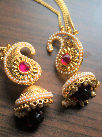 Gold and Pearl Jhumki with Back Chain Hook - GlitterGleam